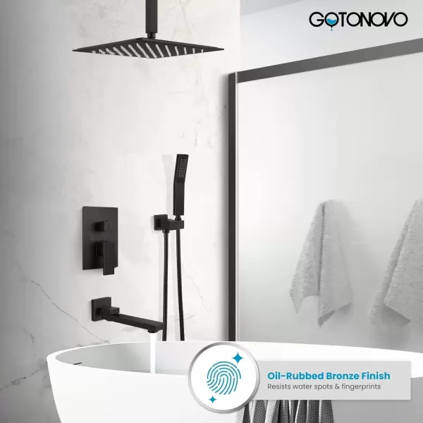 imagegotonovo Polished Chrome Rain Mixer Shower Faucet Set with Waterfall Tub Spout 12 Inch Square Rainfall Shower Head Ceiling Mount with Handheld Spray Roughin Valve and Trim IncludedOil Rubbed Bronze