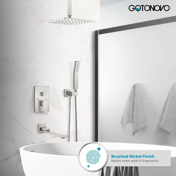 imagegotonovo Polished Chrome Rain Mixer Shower Faucet Set with Waterfall Tub Spout 12 Inch Square Rainfall Shower Head Ceiling Mount with Handheld Spray Roughin Valve and Trim IncludedBrushed Nickel