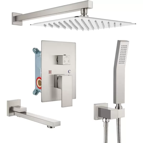 imagegotonovo Polished Chrome Rain Mixer Shower Faucet Set with Waterfall Tub Spout 12 Inch Square Rainfall Shower Head Ceiling Mount with Handheld Spray Roughin Valve and Trim IncludedBrushed Nickel