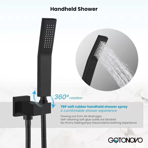 imagegotonovo Polished Chrome Rain Mixer Shower Faucet Set with Waterfall Tub Spout 12 Inch Square Rainfall Shower Head Ceiling Mount with Handheld Spray Roughin Valve and Trim IncludedMatte Black