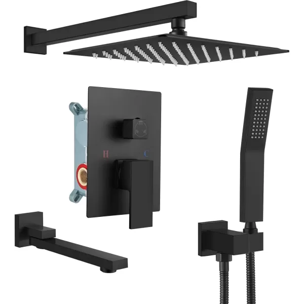 imagegotonovo Polished Chrome Rain Mixer Shower Faucet Set with Waterfall Tub Spout 12 Inch Square Rainfall Shower Head Ceiling Mount with Handheld Spray Roughin Valve and Trim IncludedMatte Black