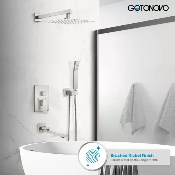 imagegotonovo Polished Chrome Rain Mixer Shower Faucet Set with Waterfall Tub Spout 12 Inch Square Rainfall Shower Head Ceiling Mount with Handheld Spray Roughin Valve and Trim IncludedBrushed Nickel