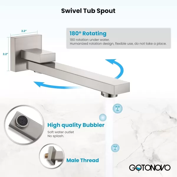 imagegotonovo Polished Chrome Rain Mixer Shower Faucet Set with Waterfall Tub Spout 12 Inch Square Rainfall Shower Head Ceiling Mount with Handheld Spray Roughin Valve and Trim IncludedBrushed Nickel