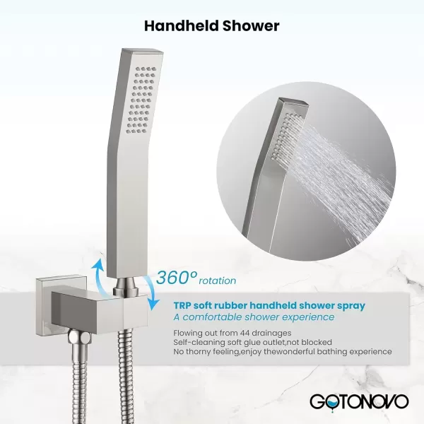 imagegotonovo Polished Chrome Rain Mixer Shower Faucet Set with Waterfall Tub Spout 12 Inch Square Rainfall Shower Head Ceiling Mount with Handheld Spray Roughin Valve and Trim IncludedBrushed Nickel