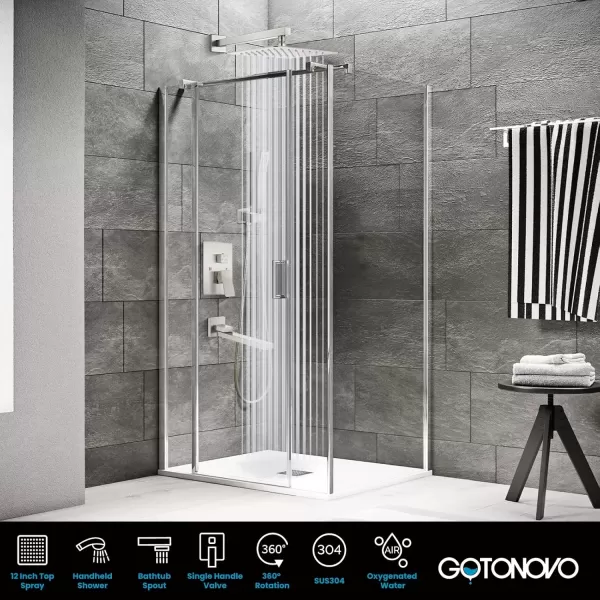 imagegotonovo Polished Chrome Rain Mixer Shower Faucet Set with Waterfall Tub Spout 12 Inch Square Rainfall Shower Head Ceiling Mount with Handheld Spray Roughin Valve and Trim IncludedBrushed Nickel