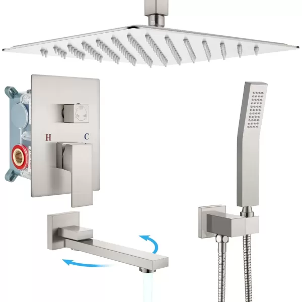 imagegotonovo Polished Chrome Rain Mixer Shower Faucet Set with Waterfall Tub Spout 12 Inch Square Rainfall Shower Head Ceiling Mount with Handheld Spray Roughin Valve and Trim IncludedBrushed Nickel