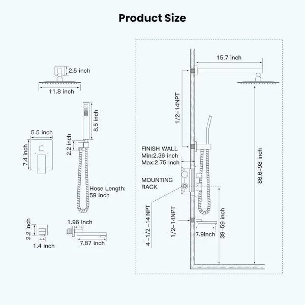 imagegotonovo Polished Chrome Rain Mixer Shower Faucet Set with Waterfall Tub Spout 12 Inch Square Rainfall Shower Head Ceiling Mount with Handheld Spray Roughin Valve and Trim IncludedMatte Black
