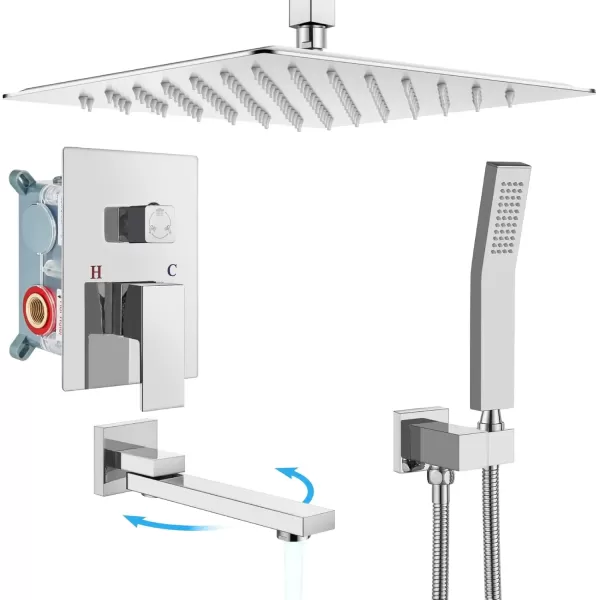 imagegotonovo Polished Chrome Rain Mixer Shower Faucet Set with Waterfall Tub Spout 12 Inch Square Rainfall Shower Head Ceiling Mount with Handheld Spray Roughin Valve and Trim IncludedChrome Polished