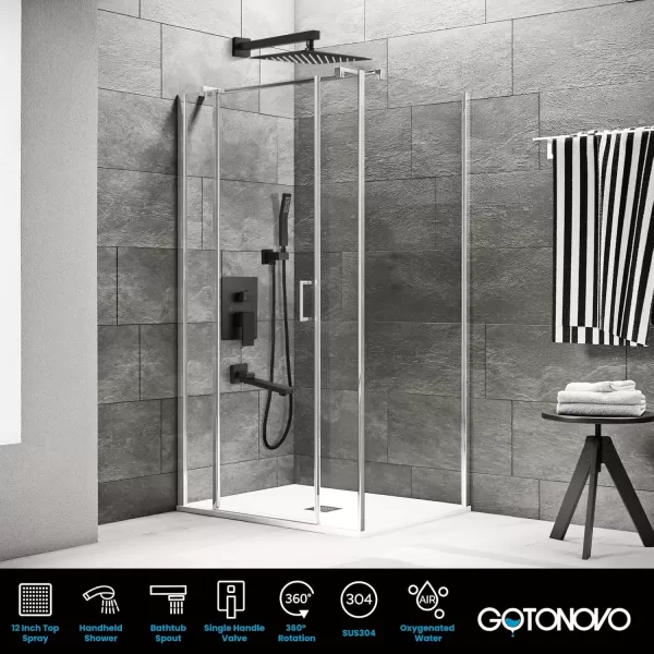 imagegotonovo Polished Chrome Rain Mixer Shower Faucet Set with Waterfall Tub Spout 12 Inch Square Rainfall Shower Head Ceiling Mount with Handheld Spray Roughin Valve and Trim IncludedMatte Black