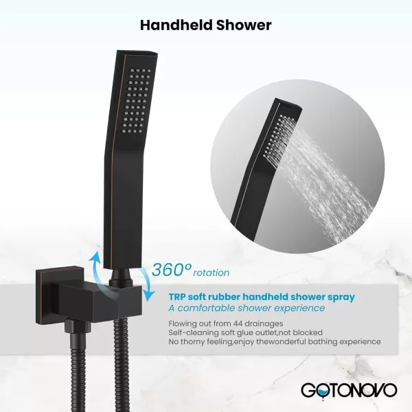imagegotonovo Polished Chrome Rain Mixer Shower Faucet Set with Waterfall Tub Spout 12 Inch Square Rainfall Shower Head Ceiling Mount with Handheld Spray Roughin Valve and Trim IncludedOil Rubbed Bronze
