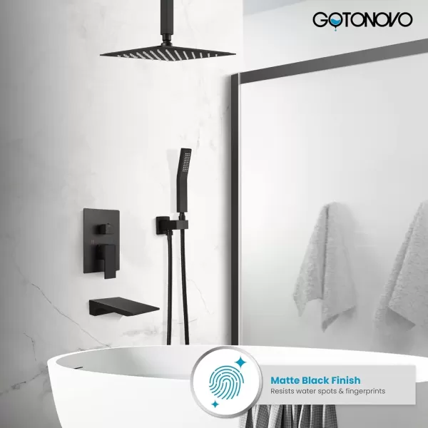 imagegotonovo Polished Chrome Rain Mixer Shower Faucet Set with Waterfall Tub Spout 12 Inch Square Rainfall Shower Head Ceiling Mount with Handheld Spray Roughin Valve and Trim IncludedMatte Black