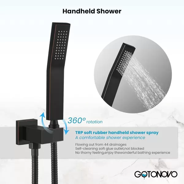 imagegotonovo Polished Chrome Rain Mixer Shower Faucet Set with Waterfall Tub Spout 12 Inch Square Rainfall Shower Head Ceiling Mount with Handheld Spray Roughin Valve and Trim IncludedOil Rubbed Bronze