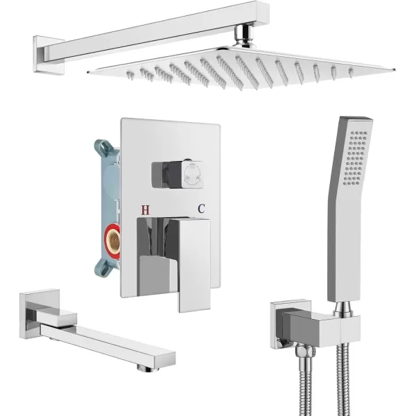 imagegotonovo Polished Chrome Rain Mixer Shower Faucet Set with Waterfall Tub Spout 12 Inch Square Rainfall Shower Head Ceiling Mount with Handheld Spray Roughin Valve and Trim IncludedChrome Polished