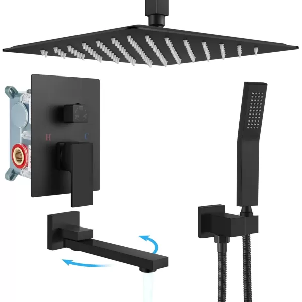 imagegotonovo Polished Chrome Rain Mixer Shower Faucet Set with Waterfall Tub Spout 12 Inch Square Rainfall Shower Head Ceiling Mount with Handheld Spray Roughin Valve and Trim IncludedMatte Black