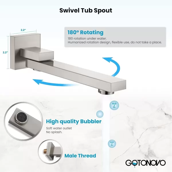 imagegotonovo Polished Chrome Rain Mixer Shower Faucet Set with Waterfall Tub Spout 12 Inch Square Rainfall Shower Head Ceiling Mount with Handheld Spray Roughin Valve and Trim IncludedBrushed Nickel