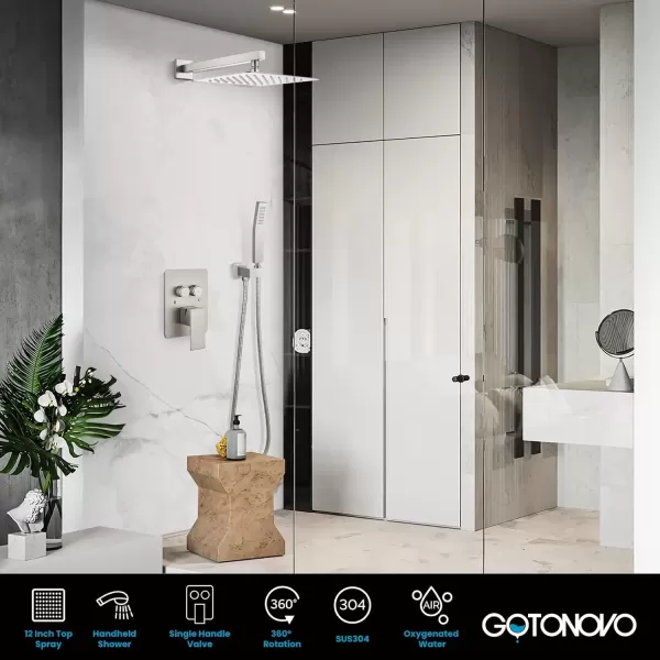 imagegotonovo Push Button Rain Shower System Rainfall Shower Head with Handheld Shower Wall Mount Pressure Balance Valve Included Dual Functions Luxury Shower Faucet Set 10 Inch Matte BlackBrushed Nickel