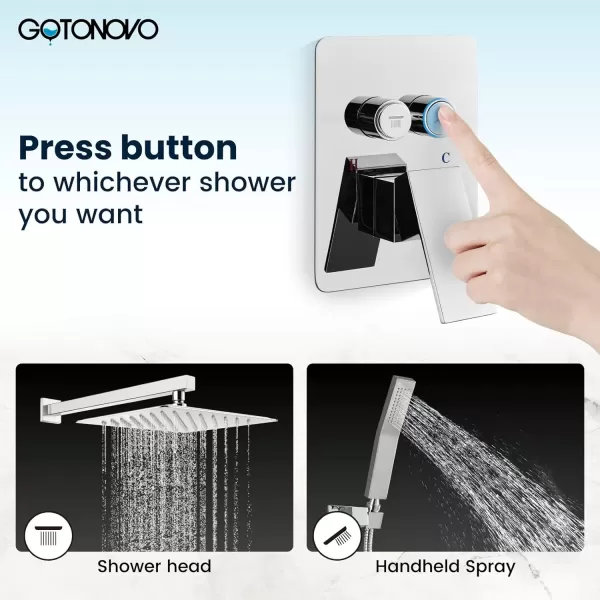 imagegotonovo Push Button Rain Shower System Rainfall Shower Head with Handheld Shower Wall Mount Pressure Balance Valve Included Dual Functions Luxury Shower Faucet Set 10 Inch Matte BlackPolished Chrome