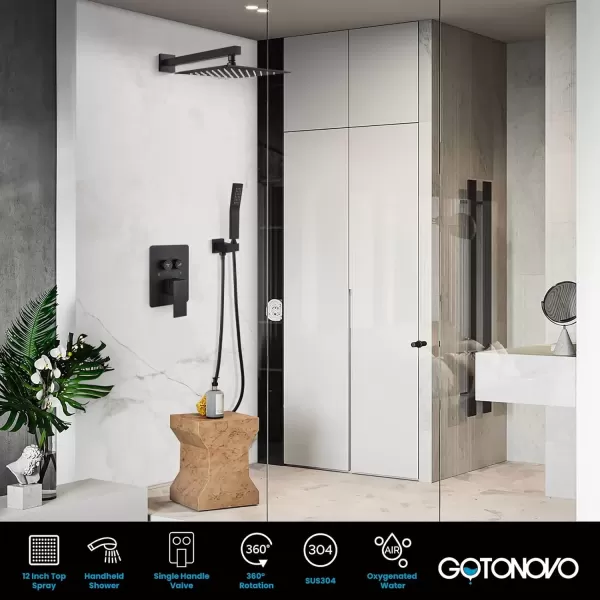 imagegotonovo Push Button Rain Shower System Rainfall Shower Head with Handheld Shower Wall Mount Pressure Balance Valve Included Dual Functions Luxury Shower Faucet Set 10 Inch Matte BlackMatte Black