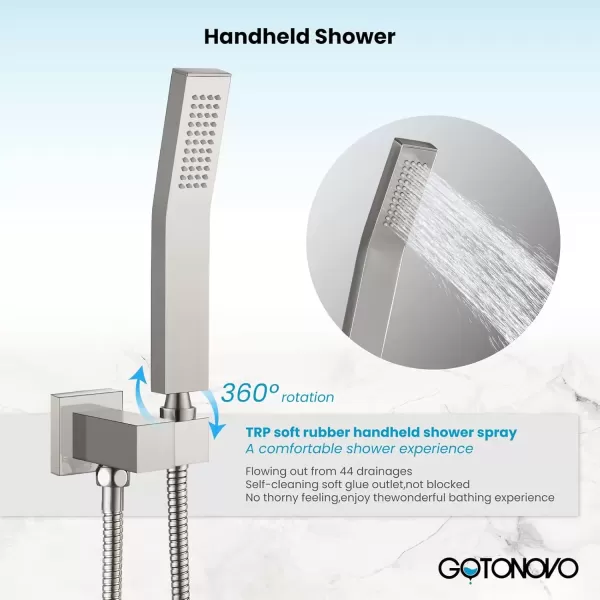 imagegotonovo Push Button Rain Shower System Rainfall Shower Head with Handheld Shower Wall Mount Pressure Balance Valve Included Dual Functions Luxury Shower Faucet Set 10 Inch Matte BlackBrushed Nickel