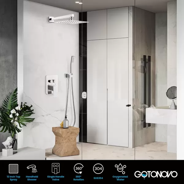 imagegotonovo Push Button Rain Shower System Rainfall Shower Head with Handheld Shower Wall Mount Pressure Balance Valve Included Dual Functions Luxury Shower Faucet Set 10 Inch Matte BlackPolished Chrome