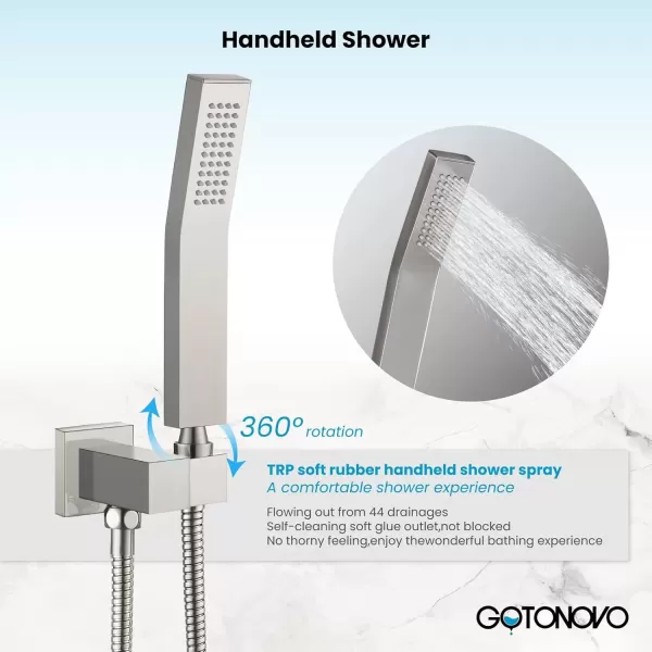 imagegotonovo Push Button Rain Shower System Rainfall Shower Head with Handheld Shower Wall Mount Pressure Balance Valve Included Dual Functions Luxury Shower Faucet Set 10 Inch Matte BlackBrushed Nickel