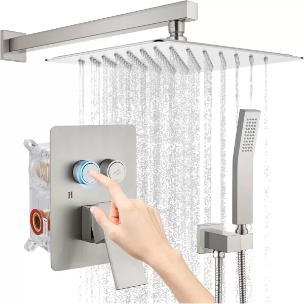 imagegotonovo Push Button Rain Shower System Rainfall Shower Head with Handheld Shower Wall Mount Pressure Balance Valve Included Dual Functions Luxury Shower Faucet Set 10 Inch Matte BlackBrushed Nickel