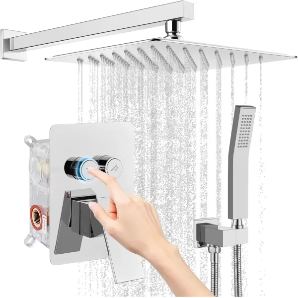 imagegotonovo Push Button Rain Shower System Rainfall Shower Head with Handheld Shower Wall Mount Pressure Balance Valve Included Dual Functions Luxury Shower Faucet Set 10 Inch Matte BlackPolished Chrome