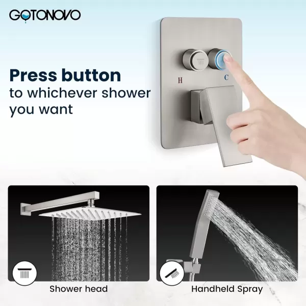 imagegotonovo Push Button Rain Shower System Rainfall Shower Head with Handheld Shower Wall Mount Pressure Balance Valve Included Dual Functions Luxury Shower Faucet Set 10 Inch Matte BlackBrushed Nickel