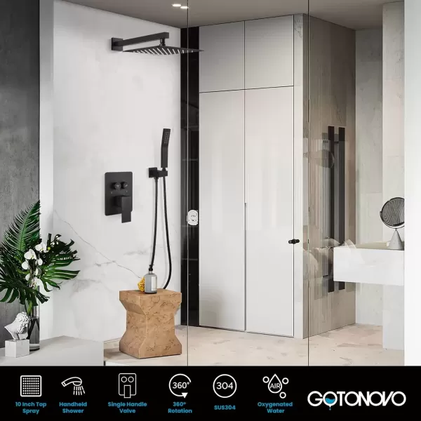 imagegotonovo Push Button Rain Shower System Rainfall Shower Head with Handheld Shower Wall Mount Pressure Balance Valve Included Dual Functions Luxury Shower Faucet Set 10 Inch Matte BlackMatte Black