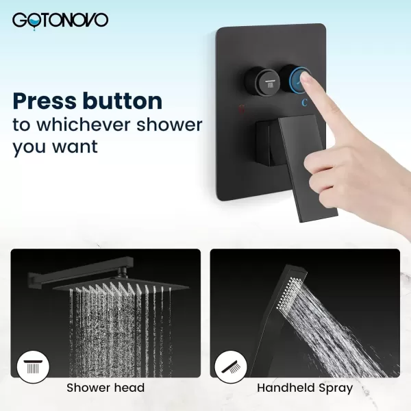 imagegotonovo Push Button Rain Shower System Rainfall Shower Head with Handheld Shower Wall Mount Pressure Balance Valve Included Dual Functions Luxury Shower Faucet Set 10 Inch Matte BlackMatte Black