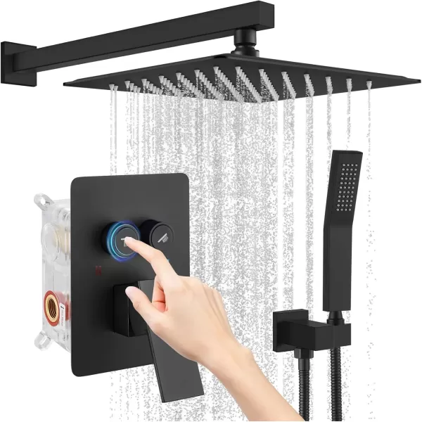 imagegotonovo Push Button Rain Shower System Rainfall Shower Head with Handheld Shower Wall Mount Pressure Balance Valve Included Dual Functions Luxury Shower Faucet Set 10 Inch Matte BlackMatte Black