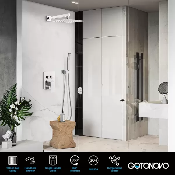 imagegotonovo Push Button Rain Shower System Rainfall Shower Head with Handheld Shower Wall Mount Pressure Balance Valve Included Dual Functions Luxury Shower Faucet Set 10 Inch Matte BlackPolished Chrome