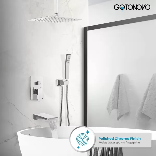 imagegotonovo Rain Mixer Shower Faucet Set Combo with Waterfall Tub Spout Rain Shower System Ceiling Mount Rainfall Shower Head with Handheld Spray Roughin Valve and Trim Included Oil Rubbed Bronze 12Polished Chome