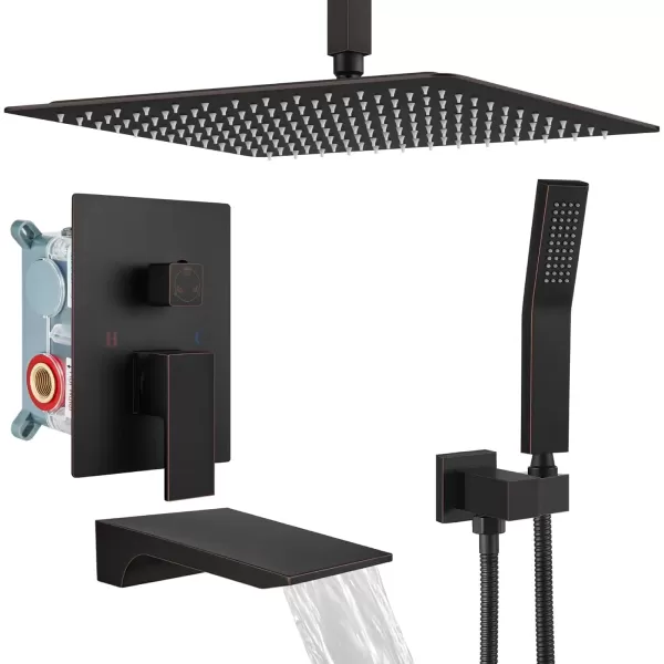 imagegotonovo Rain Mixer Shower Faucet Set Combo with Waterfall Tub Spout Rain Shower System Ceiling Mount Rainfall Shower Head with Handheld Spray Roughin Valve and Trim Included Oil Rubbed Bronze 12Oil Rubbed Bronze