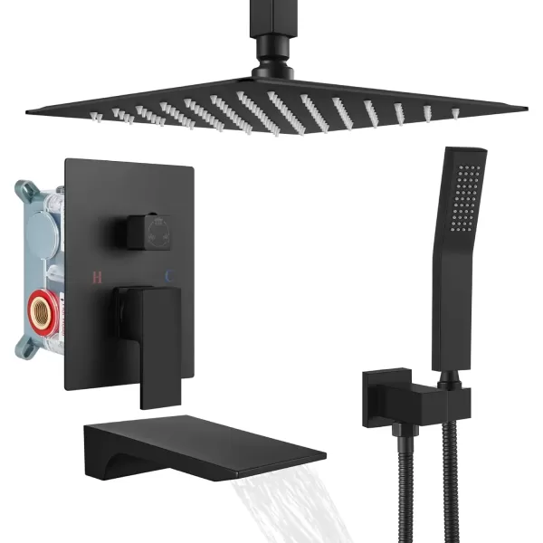 imagegotonovo Rain Mixer Shower Faucet Set Combo with Waterfall Tub Spout Rain Shower System Ceiling Mount Rainfall Shower Head with Handheld Spray Roughin Valve and Trim Included Oil Rubbed Bronze 12Matte Black