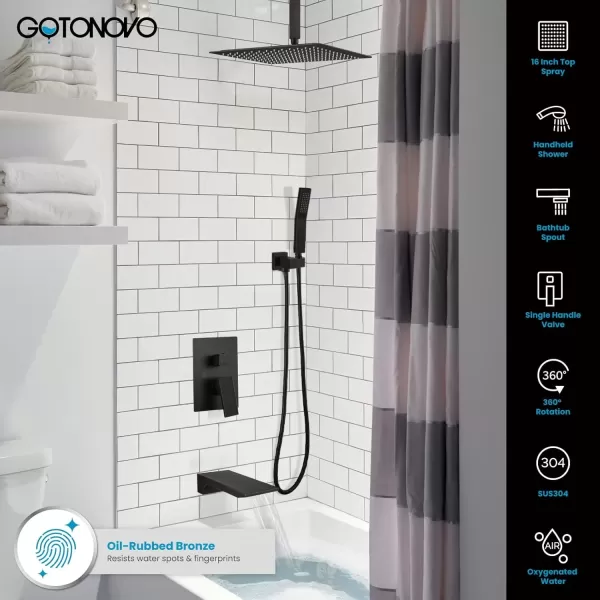 imagegotonovo Rain Mixer Shower Faucet Set Combo with Waterfall Tub Spout Rain Shower System Ceiling Mount Rainfall Shower Head with Handheld Spray Roughin Valve and Trim Included Oil Rubbed Bronze 12Oil Rubbed Bronze
