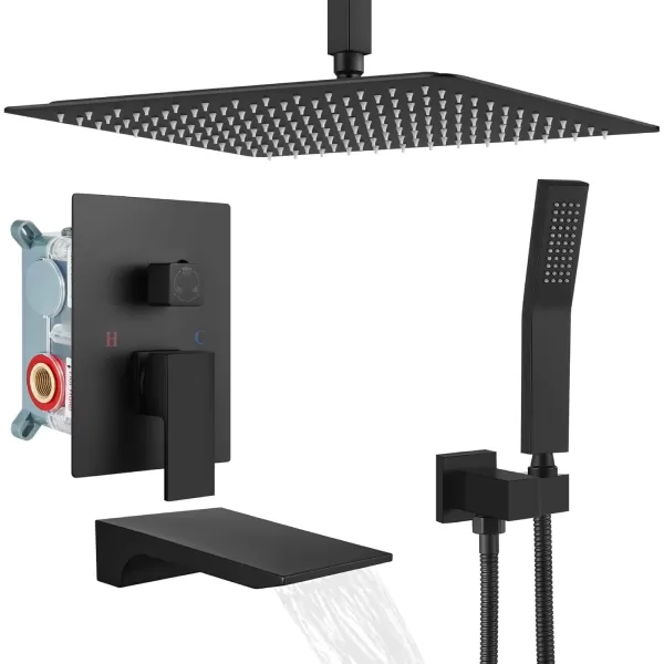 imagegotonovo Rain Mixer Shower Faucet Set Combo with Waterfall Tub Spout Rain Shower System Ceiling Mount Rainfall Shower Head with Handheld Spray Roughin Valve and Trim Included Oil Rubbed Bronze 12Matte Black