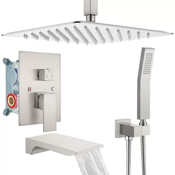 imagegotonovo Rain Mixer Shower Faucet Set Combo with Waterfall Tub Spout Rain Shower System Ceiling Mount Rainfall Shower Head with Handheld Spray Roughin Valve and Trim Included Oil Rubbed Bronze 12Brushed Nickel