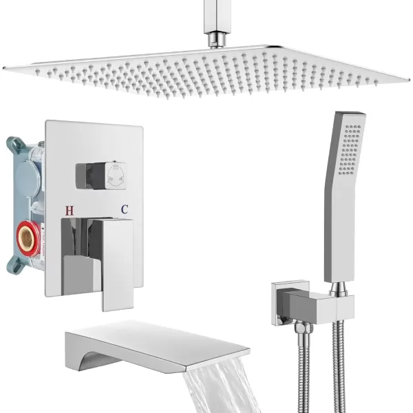 imagegotonovo Rain Mixer Shower Faucet Set Combo with Waterfall Tub Spout Rain Shower System Ceiling Mount Rainfall Shower Head with Handheld Spray Roughin Valve and Trim Included Oil Rubbed Bronze 12Polished Chome
