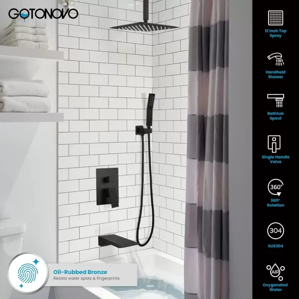 imagegotonovo Rain Mixer Shower Faucet Set Combo with Waterfall Tub Spout Rain Shower System Ceiling Mount Rainfall Shower Head with Handheld Spray Roughin Valve and Trim Included Oil Rubbed Bronze 12Oil Rubbed Bronze