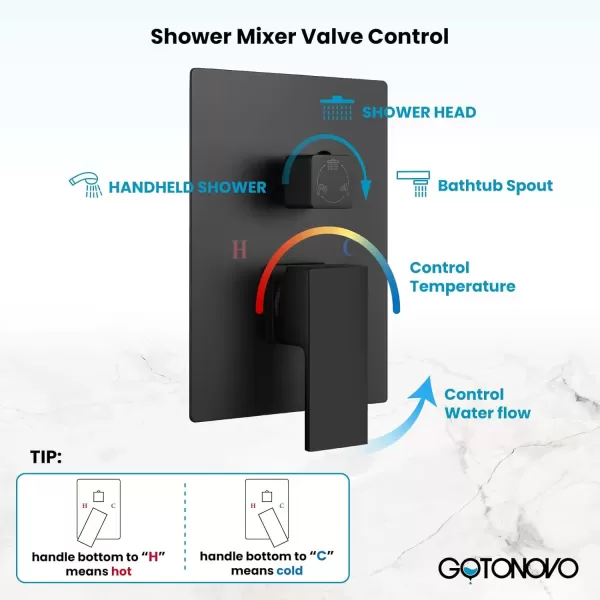imagegotonovo Rain Mixer Shower Faucet Set Combo with Waterfall Tub Spout Rain Shower System Ceiling Mount Rainfall Shower Head with Handheld Spray Roughin Valve and Trim Included Oil Rubbed Bronze 12Matte Black