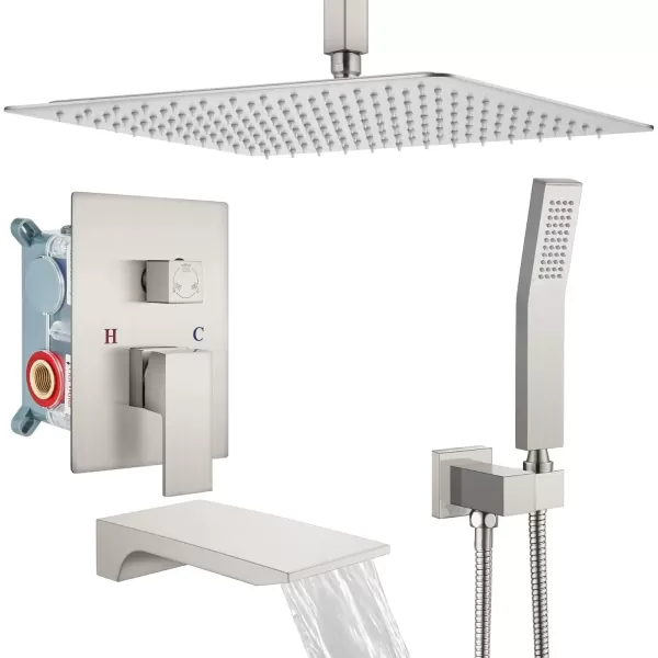 imagegotonovo Rain Mixer Shower Faucet Set Combo with Waterfall Tub Spout Rain Shower System Ceiling Mount Rainfall Shower Head with Handheld Spray Roughin Valve and Trim Included Oil Rubbed Bronze 12Brushed Nickel