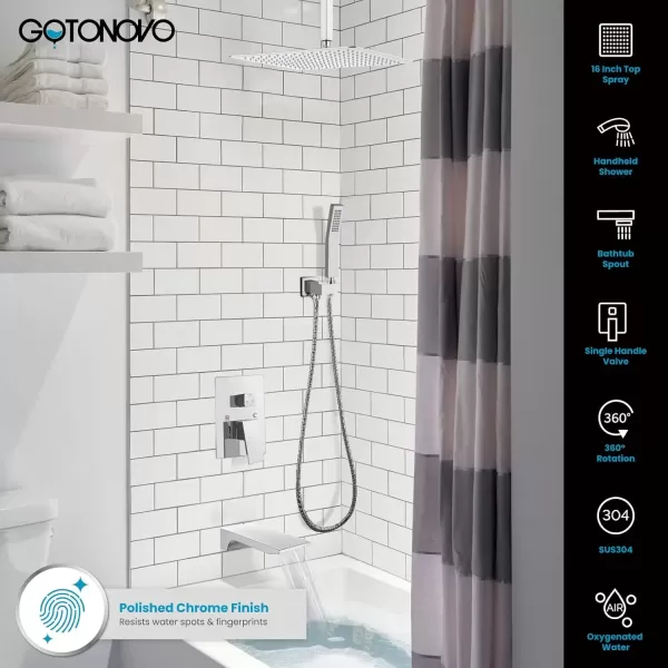 imagegotonovo Rain Mixer Shower Faucet Set Combo with Waterfall Tub Spout Rain Shower System Ceiling Mount Rainfall Shower Head with Handheld Spray Roughin Valve and Trim Included Oil Rubbed Bronze 12Polished Chome
