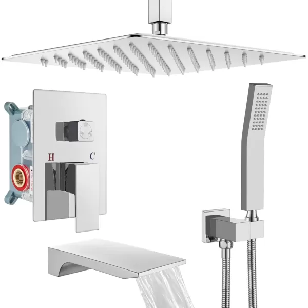 imagegotonovo Rain Mixer Shower Faucet Set Combo with Waterfall Tub Spout Rain Shower System Ceiling Mount Rainfall Shower Head with Handheld Spray Roughin Valve and Trim Included Oil Rubbed Bronze 12Polished Chome