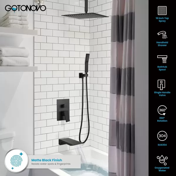 imagegotonovo Rain Mixer Shower Faucet Set Combo with Waterfall Tub Spout Rain Shower System Ceiling Mount Rainfall Shower Head with Handheld Spray Roughin Valve and Trim Included Oil Rubbed Bronze 12Matte Black