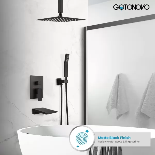 imagegotonovo Rain Mixer Shower Faucet Set Combo with Waterfall Tub Spout Rain Shower System Ceiling Mount Rainfall Shower Head with Handheld Spray Roughin Valve and Trim Included Oil Rubbed Bronze 12Matte Black