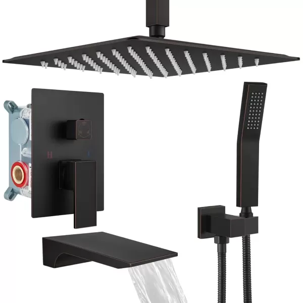 imagegotonovo Rain Mixer Shower Faucet Set Combo with Waterfall Tub Spout Rain Shower System Ceiling Mount Rainfall Shower Head with Handheld Spray Roughin Valve and Trim Included Oil Rubbed Bronze 12Oil Rubbed Bronze