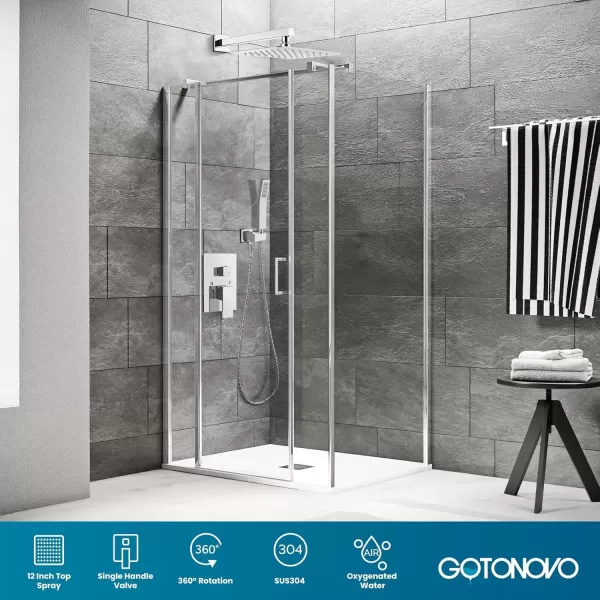 imagegotonovo Rainfall Bathroom Shower System Rain Shower Head and Handle Set Wall Mounted Shower Complete Combo Solid Brass Pressure Balancing Shower Mixer Valve 10 Inch Matte BlackPolished Chrome