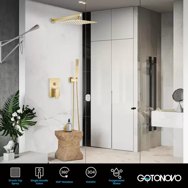 imagegotonovo Rainfall Bathroom Shower System Rain Shower Head and Handle Set Wall Mounted Shower Complete Combo Solid Brass Pressure Balancing Shower Mixer Valve 10 Inch Matte BlackBrushed Gold