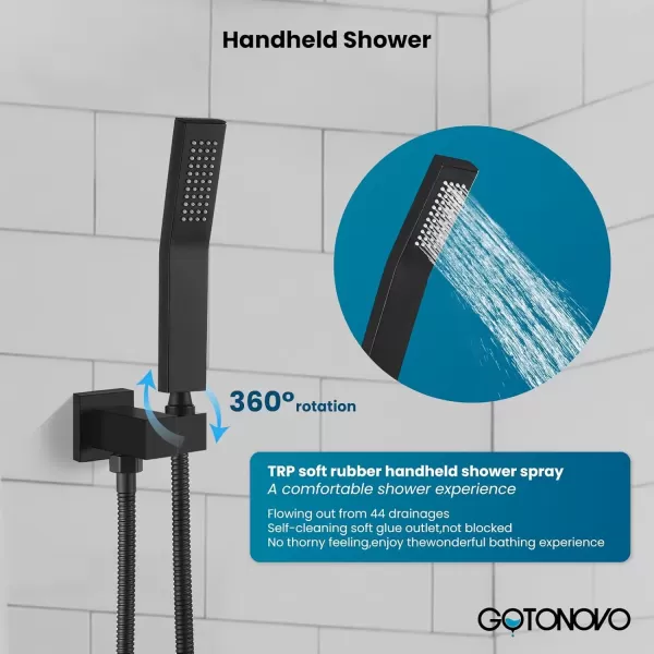 imagegotonovo Rainfall Bathroom Shower System Rain Shower Head and Handle Set Wall Mounted Shower Complete Combo Solid Brass Pressure Balancing Shower Mixer Valve 10 Inch Matte BlackMatte Black